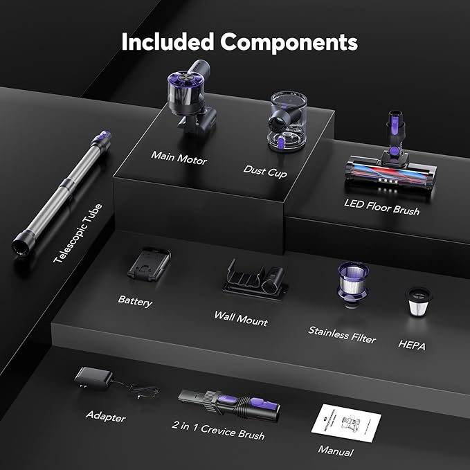 Cordless Vacuum Cleaner Rechargeable with 2600mAh Detachable Battery, Powerful Vacuums with 2 Adjustable Modes, Lightweight Portable Stick Vacuum for Home (Ink Purple)