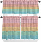 Kitchen Window Curtains Valance and Tier Set, Farm Colorful Wooden Plank Rod Pocket Tier Curtain Valance Set, Rustic Wood Grain Barn Light Filtering Cafe Curtains for Bedroom Living Room