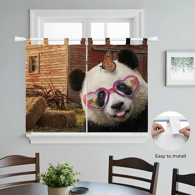 Farm Panda Bedroom Curtains 63 Inch Length, Window Curtains Tab Top, Farmhouse Barn Funny Animals Butterfly Light Filtering Window Treatments Drapes 42"x63" 2 Panel