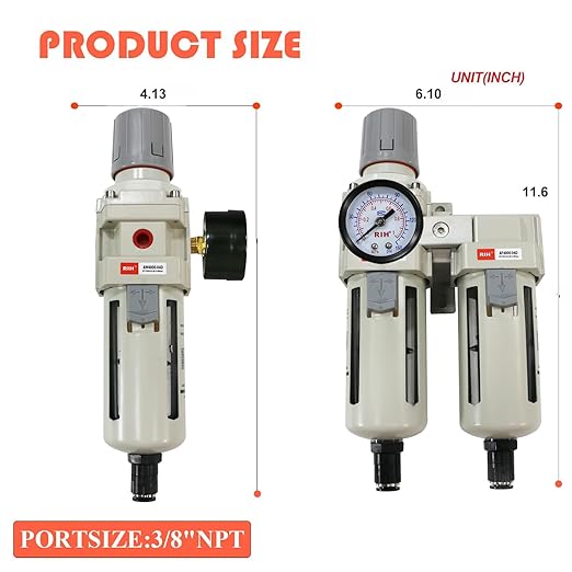 RIH Air Dryer System - 1/2" NPT Double Air Filters-5 Micron Particulate Filter& Air Pressure Regulator - Gauge(0-150 psi), Auto Drain, Poly Bowl,Bracket - 3 in 1 Two Unit (1/2" NPT) AC4011-04D