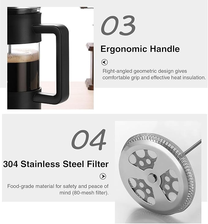 Pressed Coffee Maker 1 Liter – Portable Coffee Press System, Heat Resistant Glass Carafe, Stainless Steel Plunger Filter Mechanism, Smooth Extraction Control, Easy Grip Handle Design | Camping