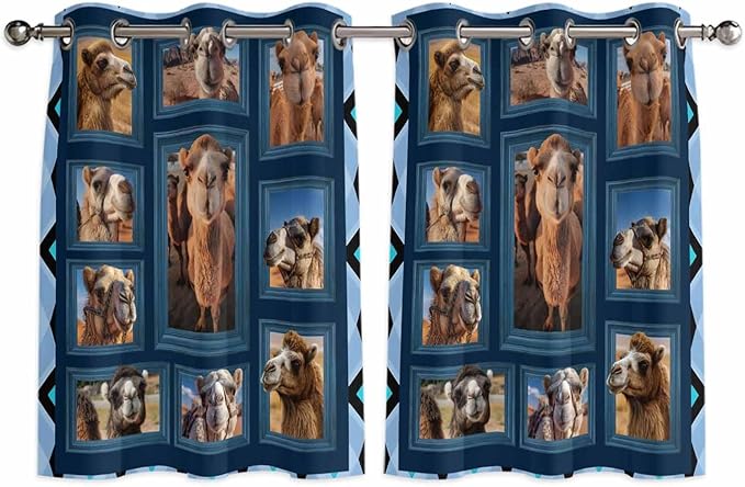 2 Panel Kitchen Cafe Curtains, Desert Camels Sunlight Filtering Nature Air Through, Home Decor Window Covering Tier Curtains for Bedroom Living Room Wildlife Brown Animals Blue Geometric