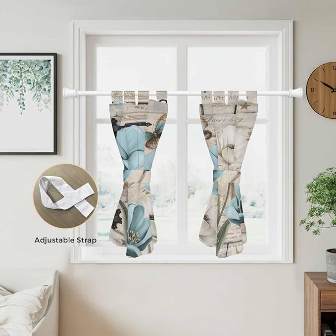 Teal Blue Tulips Kitchen Curtains 45 Inch Length, Short Cafe Window Curtains Tab Top, Spring Floral Barn Doors Vintage Wood Beige Light Filtering Window Treatments Tier Drapes 27.5"x45" 2 Panel