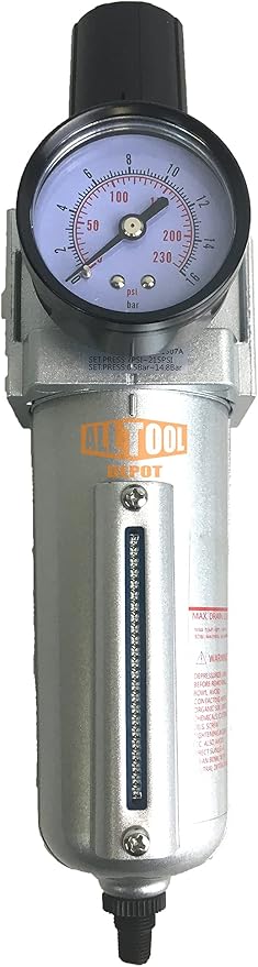 3/4" NPT HEAVY DUTY Compressed Air In Line Filter Regulator Combo Piggyback, Metal Bowl, 5 Micron Element, Adjustable From 7 to 175 PSI (AUTO DRAIN)