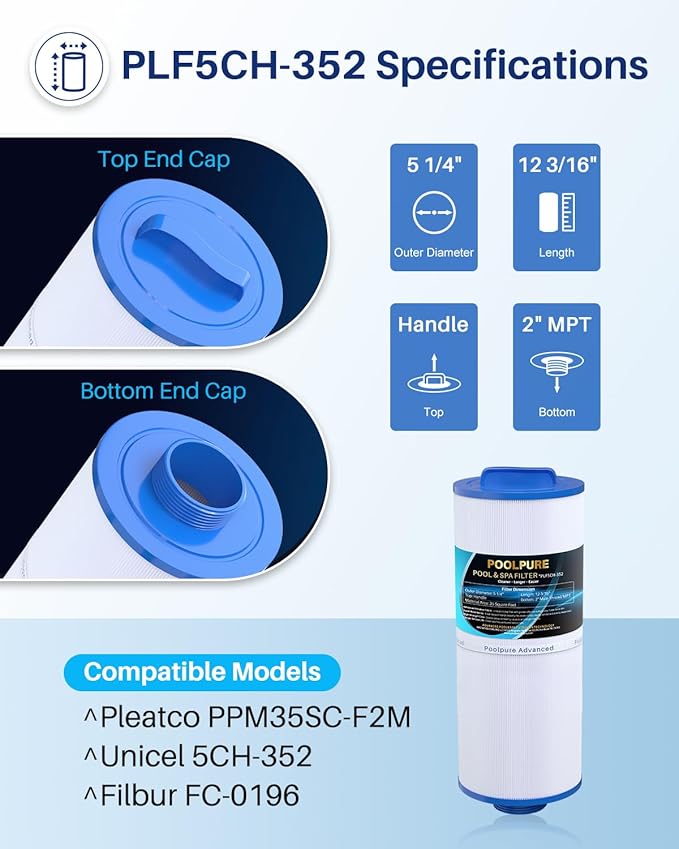 POOLPURE 5CH-352 Spa Filter Replaces PPM35SC-F2M, Marquis Spa 20042, 20092, 70-0240, 370-0242, 370-0243, Filbur FC-0196, 2" Male Thread/MPT Hot Tub Filter, 1 Pack