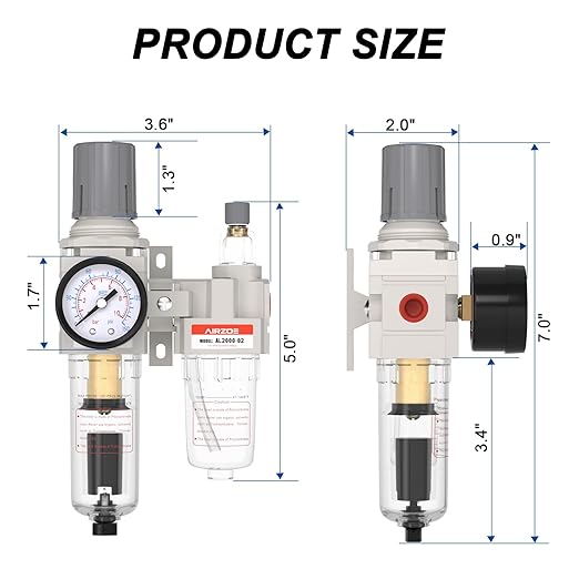 1/4" NPT Compressed Air Filter Regulator Lubricator Combo, Air Compressor Water Separator AC2010-02,5 Micron Brass Element Auto Drain,0-145 psi Gauge
