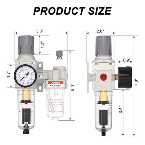 1/4" NPT Compressed Air Filter Regulator Lubricator Combo, Air Compressor Water Separator AC2010-02,5 Micron Brass Element Auto Drain,0-145 psi Gauge