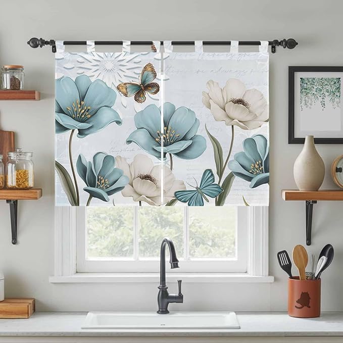 Blue Tulips Bedroom Curtains 63 Inch Length, Window Curtains Tab Top, Watercolor Flowers Butterfly Spring Farmhouse Blue Light Filtering Window Treatments Drapes 42"x63" 2 Panel