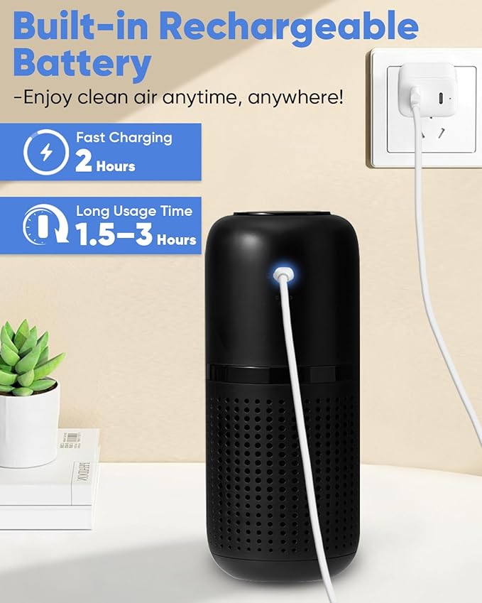 KEN BROWN Rechargeable Portable Air Purifier for Car, Office Bedroom Home, Quiet Air Cleaner for Dust, Smoke & Odors, USB-Powered, Compact for Desk & Bedroom