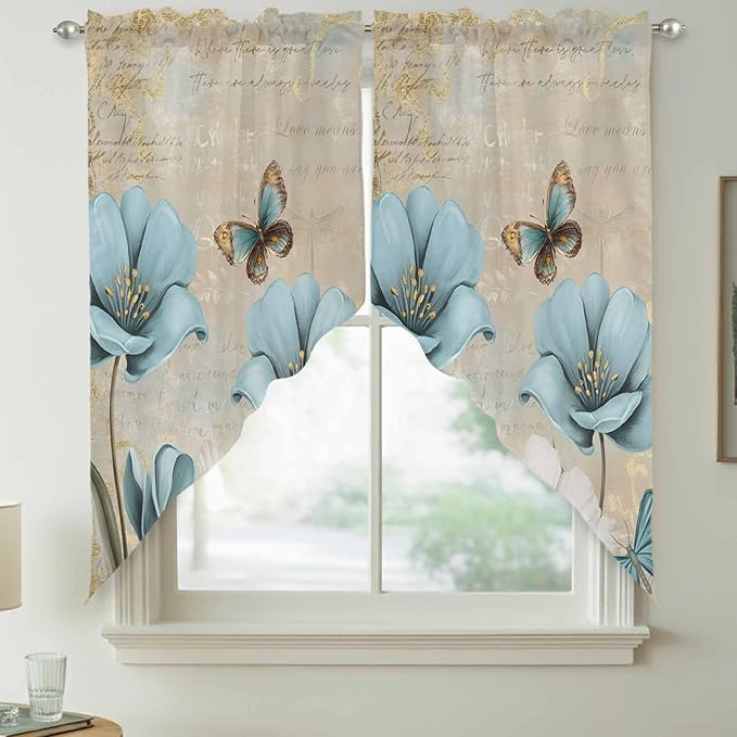 Spring Flowers Swag Valances for Windows, Vintage Rustic Tulips Floral Butterfly Khaki Rod Pocket Kitchen Curtains Valance, Small Window Curtains Swag for Cafe Living Room, 2 Panels, 36x36 inch