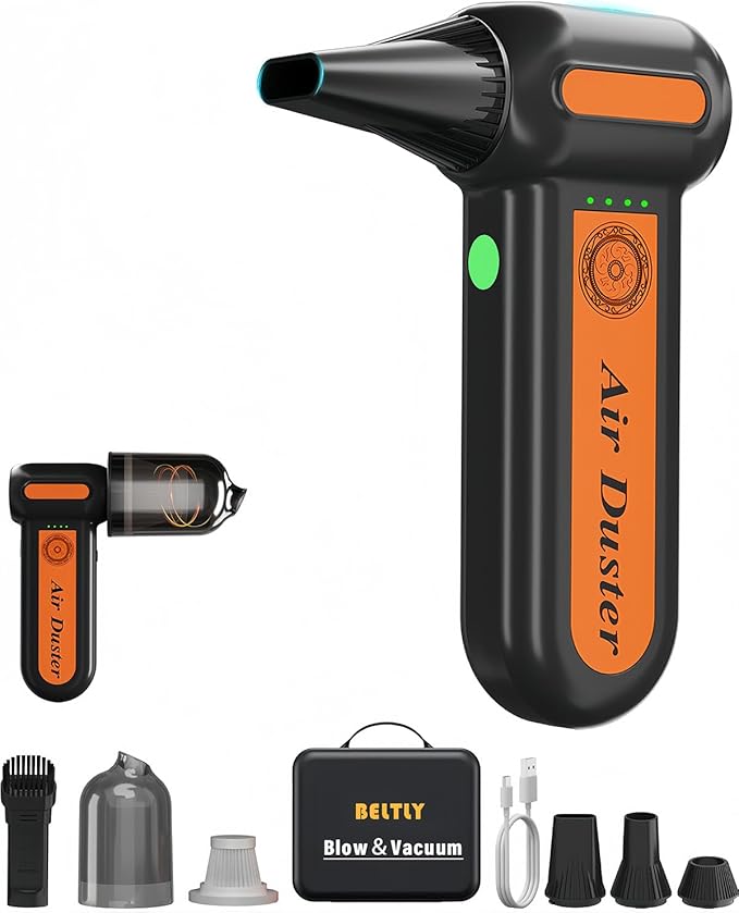 Powerful 2-in-1 Compressed Air Duster & Handheld Car Vacuum Cleaner with LED Light & 4-Gear Adjustable 150KRPM Brushless Motor, Rechargeable Cordless Mini Blowe for Car, Home, PC (2-in-1 Black)
