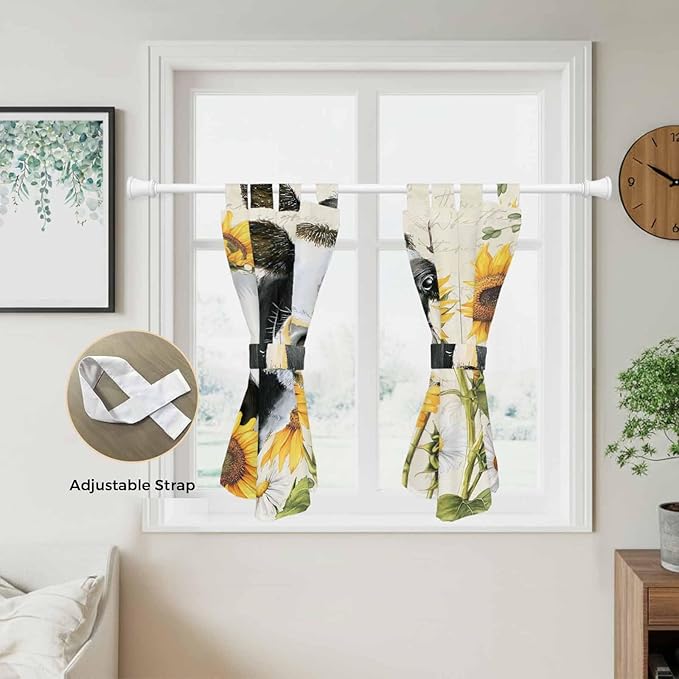 Yellow Sunflowers Bedroom Curtains 63 Inch Length, Window Curtains Tab Top, Country Cow Flower Butterfly Farmhouse Cream Light Filtering Window Treatments Drapes 42"x63" 2 Panel
