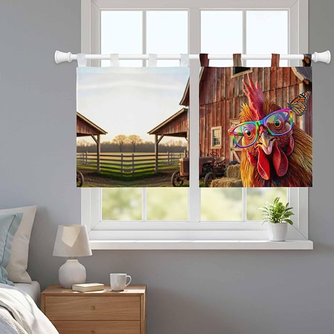 Farm Rooster Kitchen Curtains 24 Inch Length, Small Window Curtains Tab Top, Farmhouse Barn Funny Animals Butterfly Light Filtering Short Window Treatments Tier Drapes 27.5"x24" 2 Panel