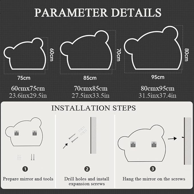 LTSRLL LED Vanity Mirror Cute Bear Decorative Mirror for Bathroom & Dressing Tabler Backlight Wall Mirror with 3 Color Dimmable Light Demister Pad Human Body Sensor Switch(Cut Right,80cmx95cm)