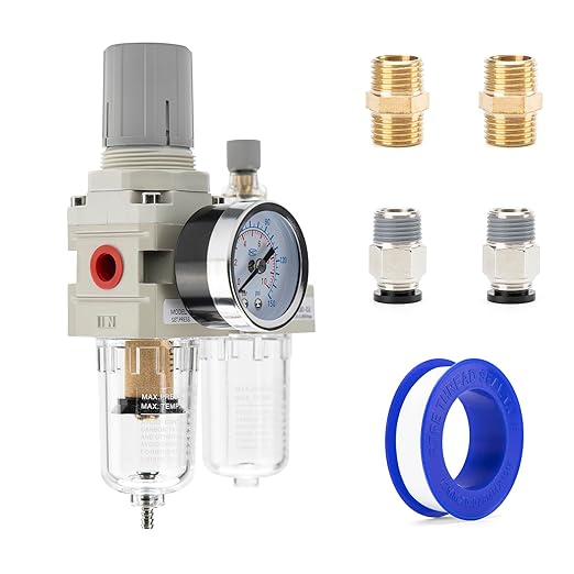 1/4" NPT Air Compressor Water Separator Regulator Filter Combo Compressed Air Filter Dryer Pressure Regulator with Gauge(0-150 psi) Poly Bowl Semi-Auto Drain Bracket - 3 in 1 Two Unit