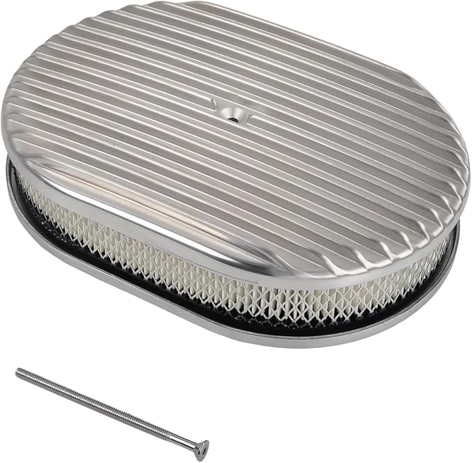 12" Air Cleaner Kit Polished Aluminum Classic Nostalgia Oval Fully Finned Compatible with Classic Chevy Ford 5-1/8” Carb Holley Edelbrock