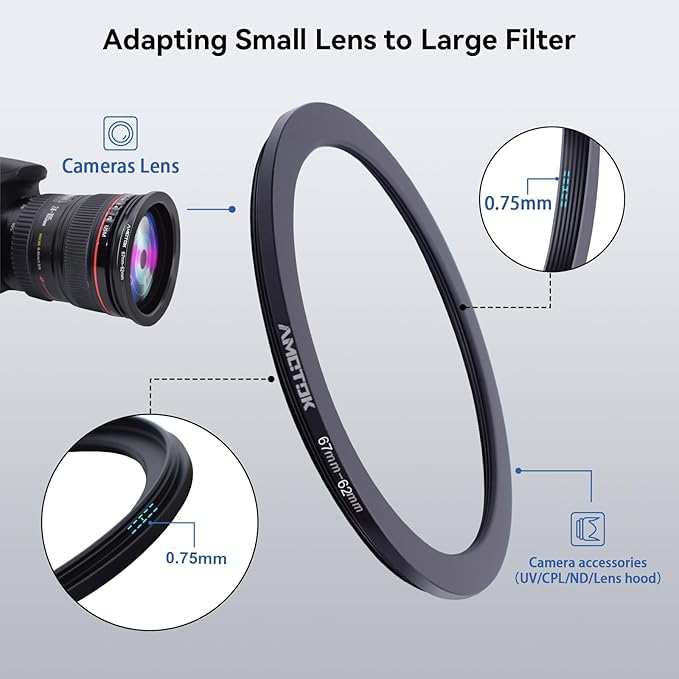 67mm Lens to 62mm Camera Lens Adapter,67mm-62mm Filter Step-Down Ring,Compatible All 62mm Filter Accessory.Made from CNC Machined