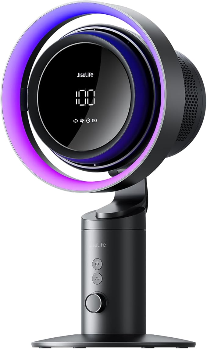 JISULIFE Table Purifier Fan, 3-in-1 Air Purifier Cool with 7-Color RGB Light, LED Display, 100-Speed, 10000mAh Battery, 120° Oscillating Desktop Fan for Office/Gaming Desk, Gifts for Men/Women