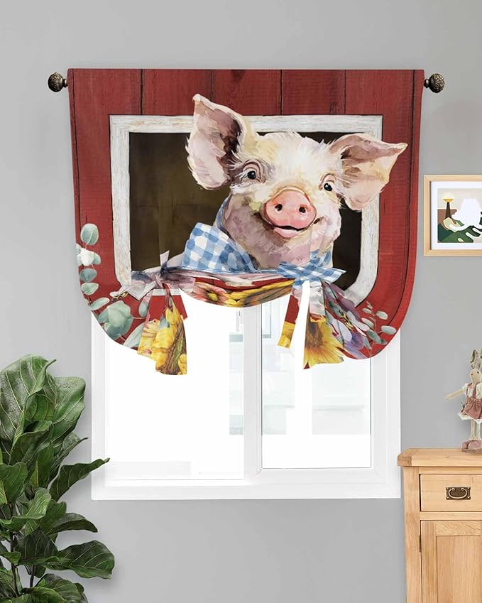 Tie Up Curtains for Windows, Pig Sunflowers Adjustable Balloon Nature Linen Textured Kitchen Curtain, Eucalyptus Leaves Floral Bees Red Barn Tie Up Light Filtering Curtains for Decor, 34 x 45 In