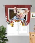 Tie Up Curtains for Windows, Pig Sunflowers Adjustable Balloon Nature Linen Textured Kitchen Curtain, Eucalyptus Leaves Floral Bees Red Barn Thermal Insulated Curtains for Window, 42" x 54"