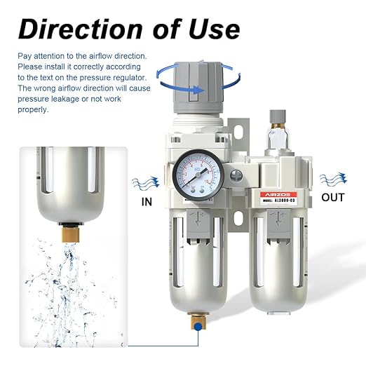 3/8" NPT Compressed Air Filter Regulator Lubricator Combo, Air Compressor Water Separator AC2010-02,5 Micron Brass Element Semi-Auto Drain,0-145 psi Gauge