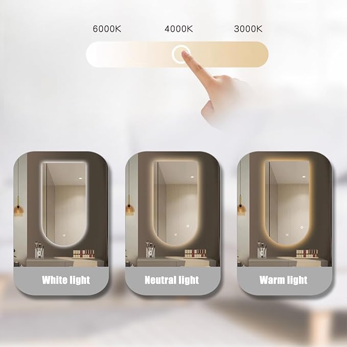 Wall Mirror Arched Bathroom Mirrors, 3-Color Lighted Bathroom Makeup Mounted Mirror, with Demister Pad, Dimming Function for Bathroom Living Room Bedroom Entryway(19.6"x35.4"/50x90cm)