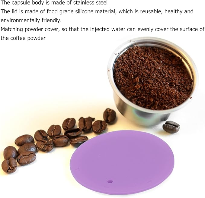 Reusable Coffee Capsule, Stainless Steel Coffee Filter Cup Set, Coffee Capsule Cup with Pressed Powder Cover for Coffee Maker (Purple)