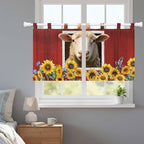 Sheep Sunflower Kitchen Curtains 24 Inch Length, Small Window Curtains Tab Top, Country Red Farm Barn Spring Flowers Light Filtering Short Window Treatments Tier Drapes 27.5"x24" 2 Panel
