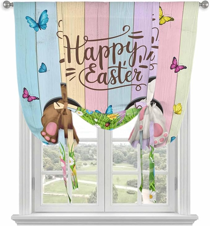 Tie Up Curtains,Happy Easter Rabbit Butt Egg on Daisy Leaf Adjustable Rod Pocket Window Shade Curtain Drape Bufferfly on Wood Barn Tie-Up Valance for Kitchen Bedroom Living Room Windows,42"x45"