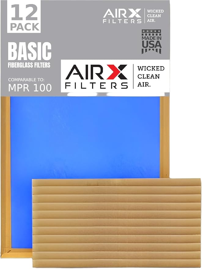 25x25x1 Air Filter Comparable to MPR 100 Basic Economy Furnace Filters, 12 Pack of Non Pleated Fiberglass Filter For Dust - Low Airflow Restriction! From AIRX FILTERS WICKED CLEAN AIR.