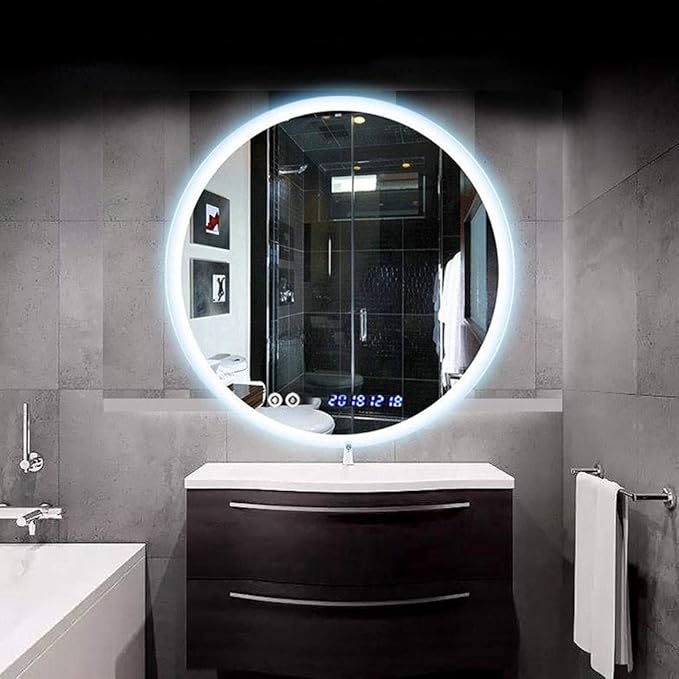 Round LED Bathroom Mirror Demister Pad IP44 Vanity Large Mirror Cold Light Dressing Wall Mirror (Color : Cold Light Size : 60cm) (Cold Light 60cm)