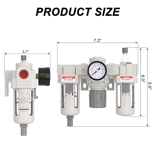 AIRZOE 3/8” NPT Air Compressor Filter, Regulator and Lubricator Combos FRL - Water Oil Trap Separator AC3000-03, 5 Micron Brass Element, Semi-Auto Drain, 0-150 psi Gauge