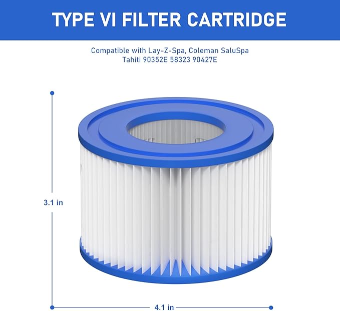 Type VI Hot Tub Filter Cartridge Compatible with Lay-Z-Spa, Coleman SaluSpa 90352E, 58323E, 58323 Swimming Pool Pump (8 Pack)