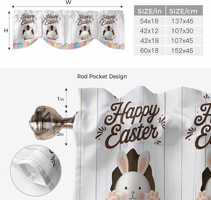 Grey Easter Tie Up Valance Curtains for Windows, Kitchen Curtains Window Shades, Spring Cartoon Bunny Colorful Eggs Wood Grain Light Filtering Roman Curtain Valances for Bedroom/Bathroom/Cafe 54"x18"