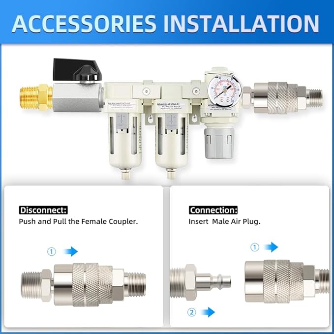 MEANLIN 3/8" NPT 3 in 1 Air Drying System Particulate Air Filter, Air Pressure Regulator Combo, with 150 PSI Gauge and Valve Shut Off Switch for Air Compressor and Pneumatic Tools