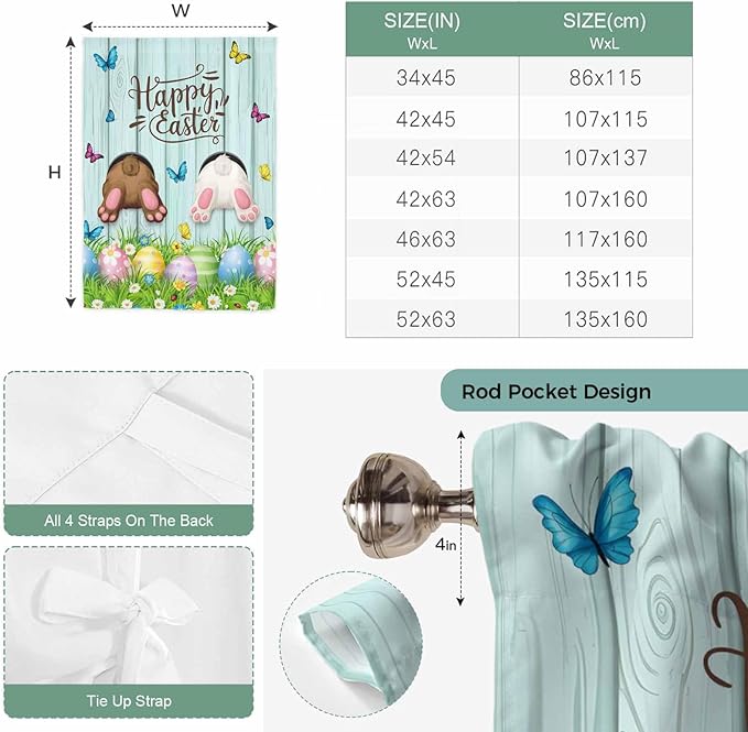 Tie Up Curtains,Happy Easter Bunny Butt Egg Floral Adjustable Rod Pocket Window Shade Curtain Drape Spring Plant on Aqua Wood Tie-Up Valance for Kitchen Bedroom Living Room Windows,42"x45"
