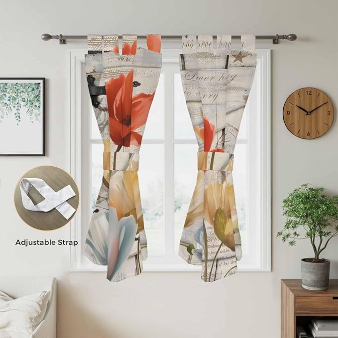 Retro Floral Bathroom Curtains 63 Inch Length, Window Curtains Tab Top, Red Yellow Tulips Barm Doors Farmhouse Wooden Light Filtering Window Treatments Drapes 52"x63" 2 Panel