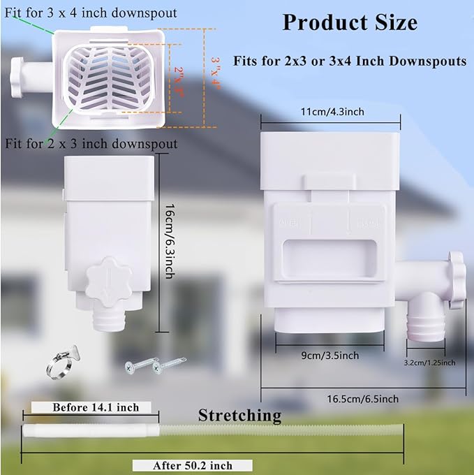 Rain Barrel Diverter Kit, Downspout Diverter Fits for 2x3 or 3x4 Inch Gutter Downspouts, Rainwater Collection System with Adjustable Valve and Filter - Brown
