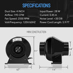 iPower 4 Inch 195 CFM Inline Fan Air Carbon Filter with Hook, 8 Feet Ducting Combo, for Grow Tent Ventilation, Kits, HVAC Heating Cooling