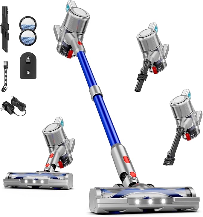 Cordless Vacuum Cleaner, 8 in 1 40Kpa 55Mins,Lightweight Vacuum Cleaners for Home, Stick Vacuum with Anti-Tangle Brush,Wall Mount, Rechargeable Cordless Vacuum for Floor/Sofa/Pet Hair, Blue