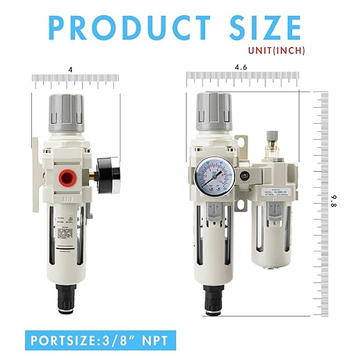 3/8" NPT Air Compressor Water Separator Regulator Filter Combo Compressed Air Filter Dryer Pressure Regulator with Gauge(0-150 psi) Poly Bowl Auto Drain Bracket - 3 in 1 Two Unit