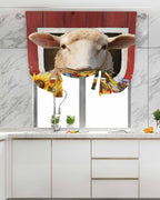 Tie Up Curtains for Windows, Sheep Sunflower Adjustable Balloon Nature Linen Textured Kitchen Curtain, Country Red Farm Barn Spring Flowers Room Darkening Curtains for Glass Door, 42 x 45 in