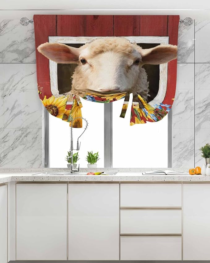 Tie Up Curtains for Windows, Sheep Sunflower Adjustable Balloon Nature Linen Textured Kitchen Curtain, Country Red Farm Barn Spring Flowers Tie Up Light Filtering Curtains for Decor, 34 x 45 In