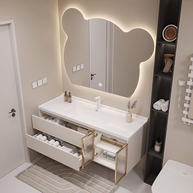LTSRLL LED Vanity Mirror Cute Bear Decorative Mirror for Bathroom & Dressing Tabler Backlight Wall Mirror with 3 Color Dimmable Light Demister Pad Human Body Sensor Switch(Cut Down,70cmx85cm)