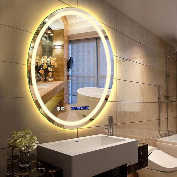 Oval LED Bathroom Mirror Wall Makeup Mirrors Shaving Mirror with Lights and Demister Pad Time Display (Color : Warm Light Size : 600 * 800mm) (Warm Light 600 * 800mm)