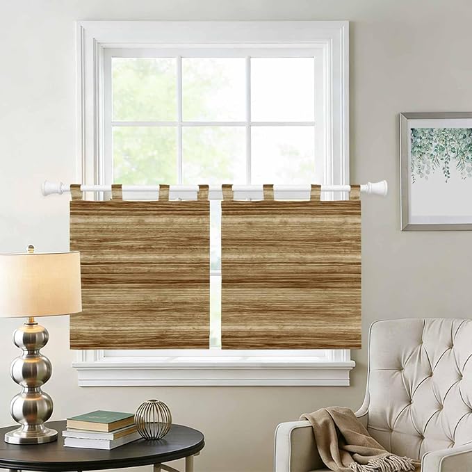 Vintage Western Kitchen Curtains 24 Inch Length, Small Window Curtains Tab Top, Rustic Farmhouse Wooden Grain Barn Door Light Filtering Short Window Treatments Tier Drapes 27.5"x24" 2 Panel