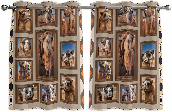 2 Panel Kitchen Cafe Curtains, Desert Camels Sunlight Filtering Nature Air Through, Home Decor Window Covering Tier Curtains for Bedroom Living Room Western Wildlife Brown Animals Country