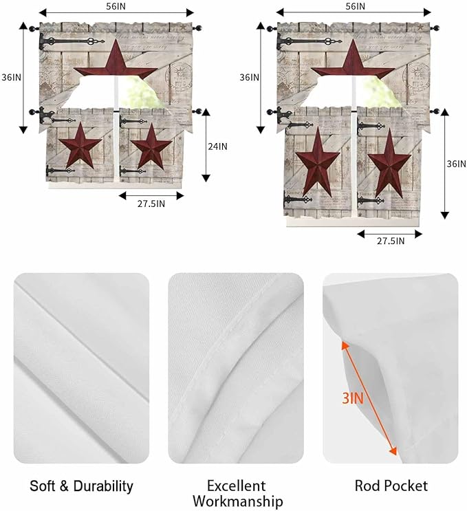 Village Stars Swag Kitchen Curtains Valance and Tier Set, Vintage Dark Red Star Beige Barn Doors Light-Filtering Swag Valance 36 Inch Length, Rod Pocket Short Curtain for Bedroom Cafe