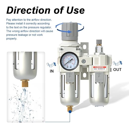 AIRZOE 1/2" NPT Compressed Air Filter Regulator Lubricator Combo, Air Compressor Water Separator AC4010-04,5 Micron Brass Element Semi-Auto Drain,0-145 psi Gauge