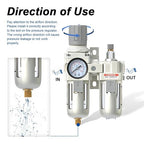 AIRZOE 1/2" NPT Compressed Air Filter Regulator Lubricator Combo, Air Compressor Water Separator AC4010-04,5 Micron Brass Element Semi-Auto Drain,0-145 psi Gauge
